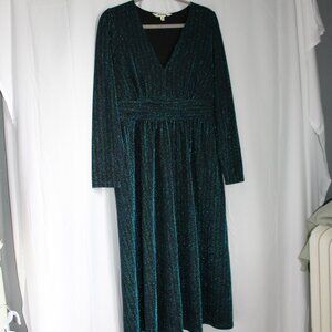 NWOT Boden Metallic Stripes V-Neck A-Line Dress Sleeves Waist Ruching Midi 10